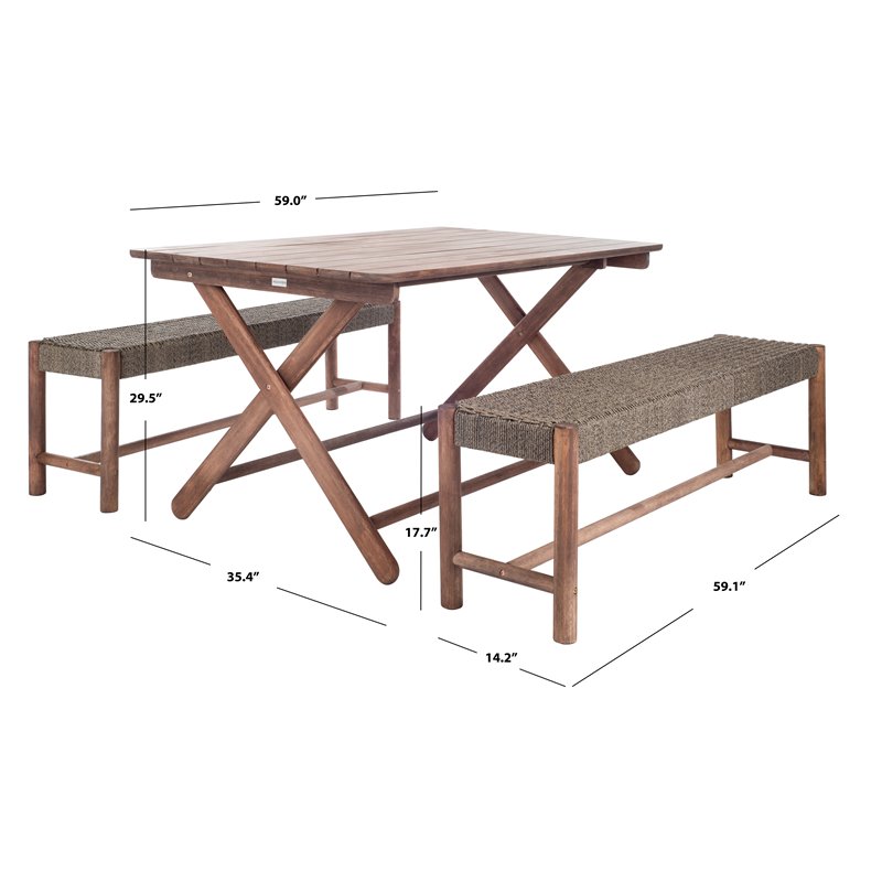Safavieh Jardin 3-Piece Wood Outdoor Dining Set in Gray Wash/Natural/Beige