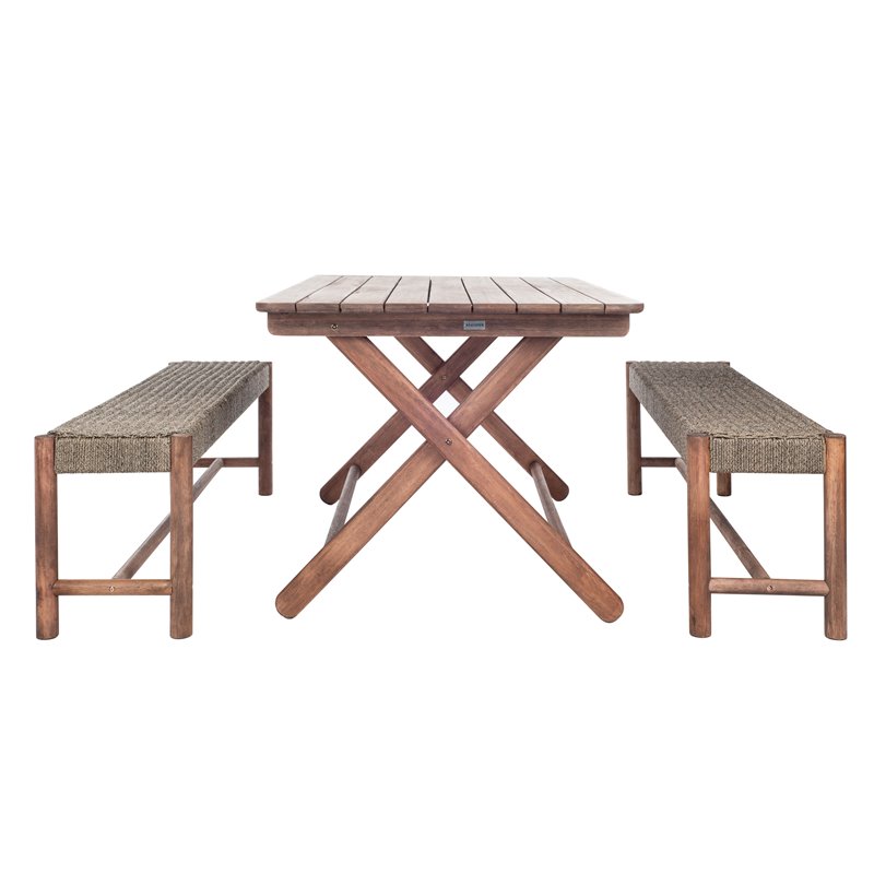 Safavieh Jardin 3-Piece Wood Outdoor Dining Set in Gray Wash/Natural/Beige