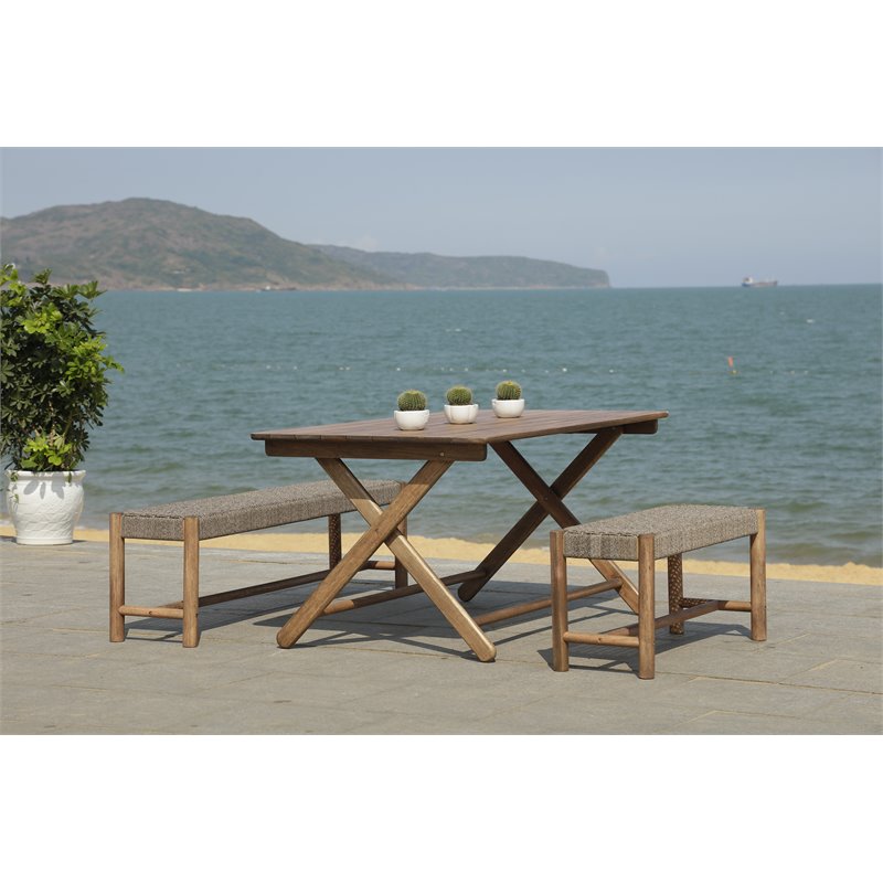 Safavieh Jardin 3-Piece Wood Outdoor Dining Set in Gray Wash/Natural/Beige