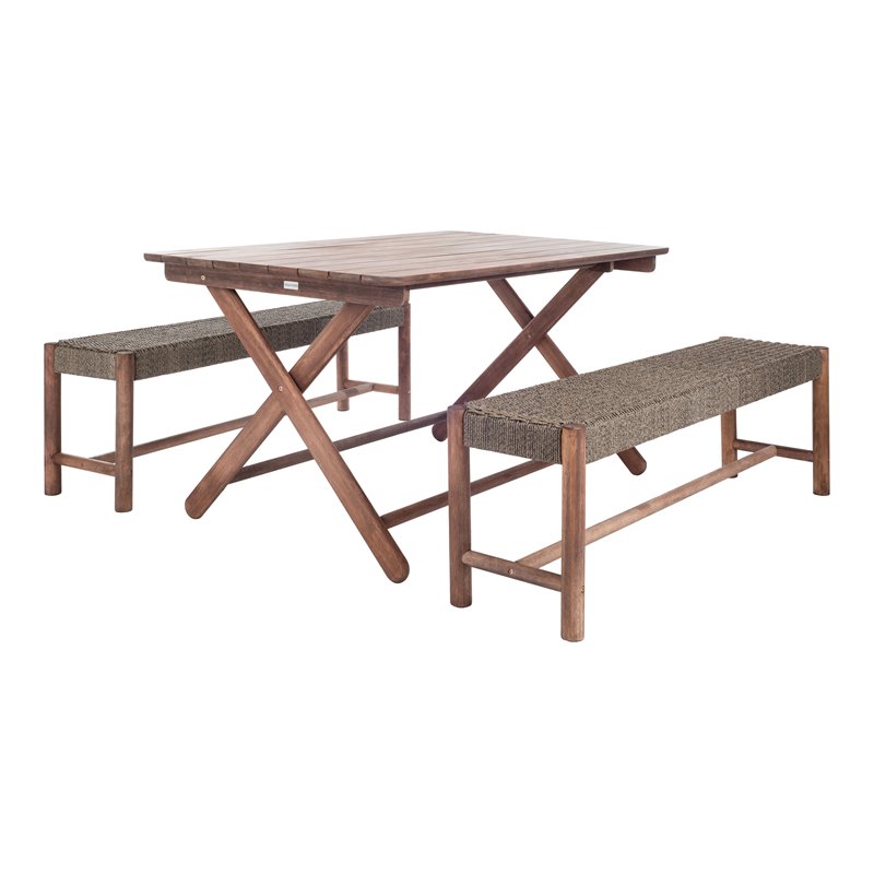 Safavieh Jardin 3-Piece Wood Outdoor Dining Set in Gray Wash/Natural/Beige