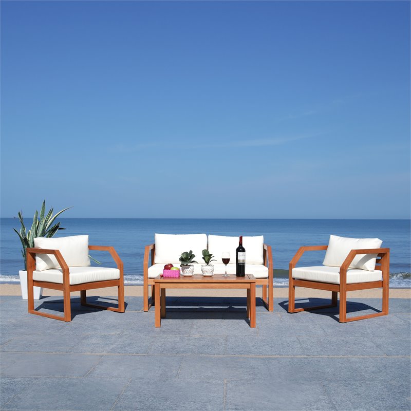 Safavieh Dren 4-Piece Eucalyptus Wood Outdoor Living Set in Natural/Beige
