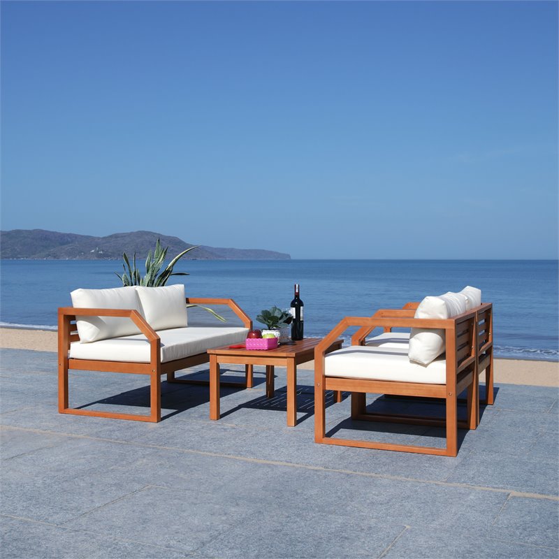 Safavieh Dren 4-Piece Eucalyptus Wood Outdoor Living Set in Natural/Beige