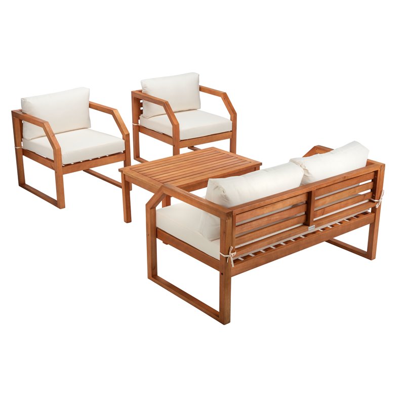 Safavieh Dren 4-Piece Eucalyptus Wood Outdoor Living Set in Natural/Beige