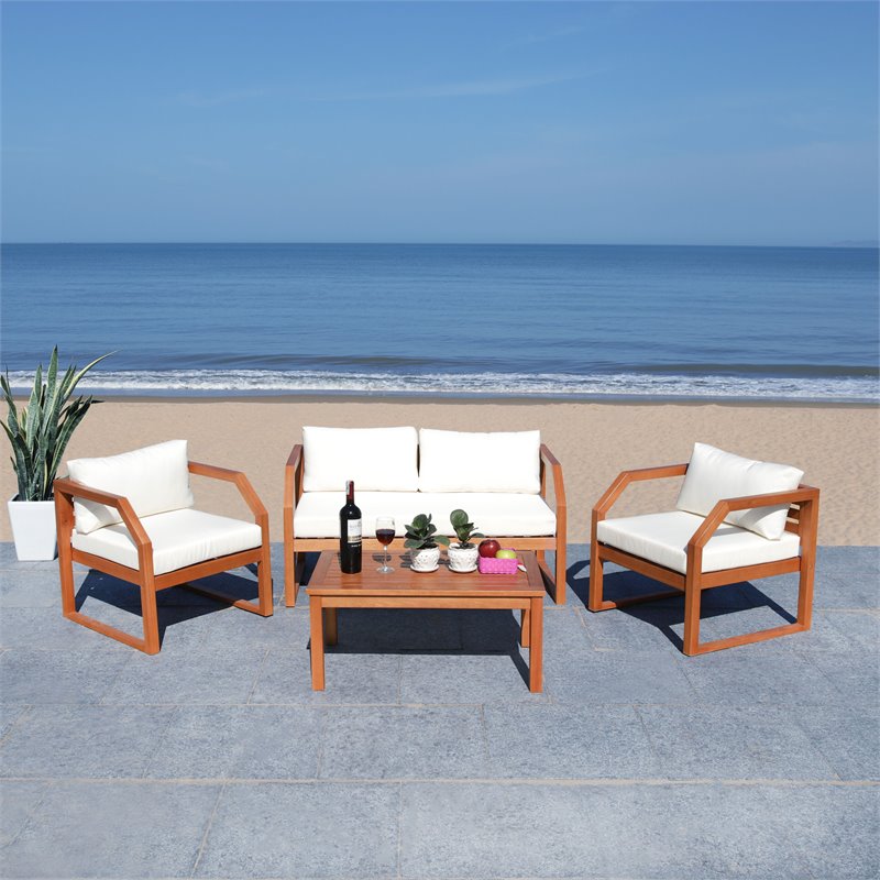 Safavieh Dren 4-Piece Eucalyptus Wood Outdoor Living Set in Natural/Beige