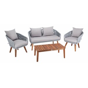 Safavieh Prester 4-Piece Acacia Wood Living Set in Gray Rope/Gray Cushion