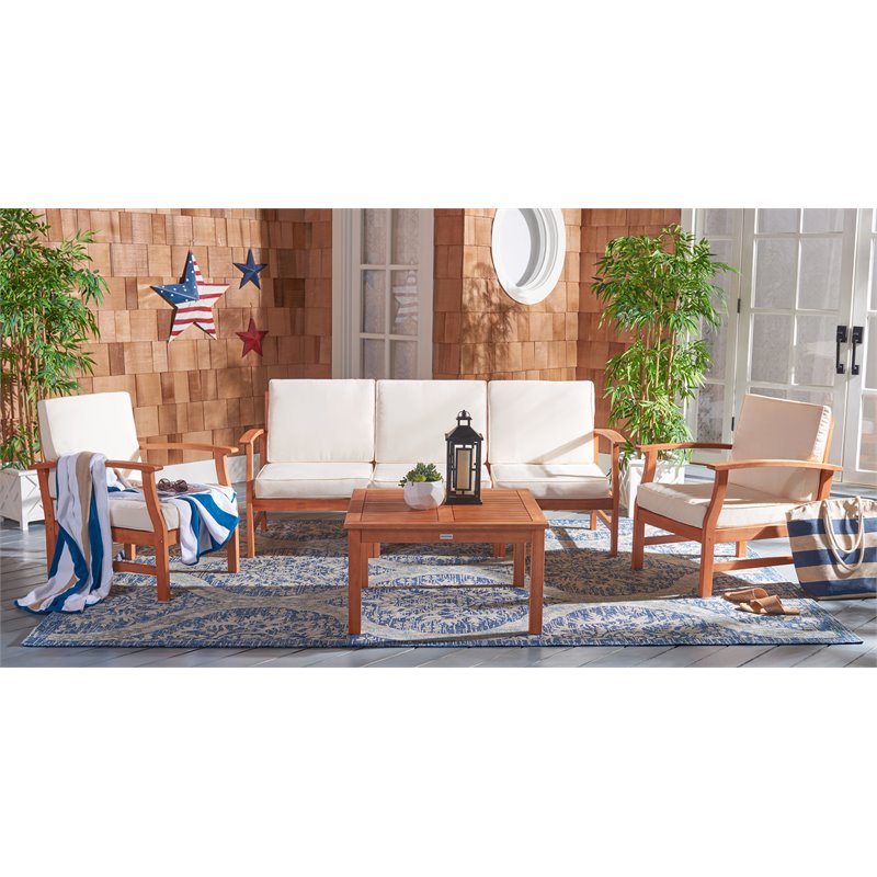 Safavieh Parcer 4-Piece Wood/Polyester Outdoor Living Set in Natural/Beige