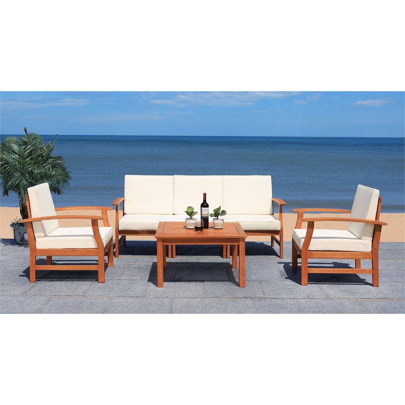 Safavieh Parcer 4-Piece Wood/Polyester Outdoor Living Set in Natural/Beige