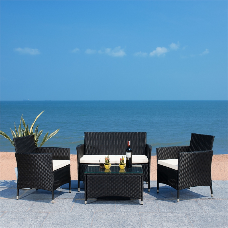Safavieh Bandele 4-Piece Polyester Wicker/Steel Living Set in Black/White
