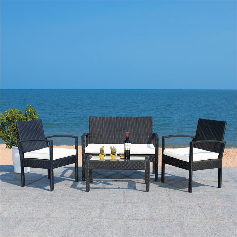 Safavieh Bassey 4-Piece Polyester Wicker/Steel Outdoor Living Set in Black/Beige
