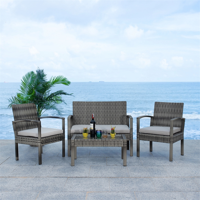 Safavieh Bassey 4-Piece Polyester Wicker/Steel Outdoor Living Set in Gray/Beige
