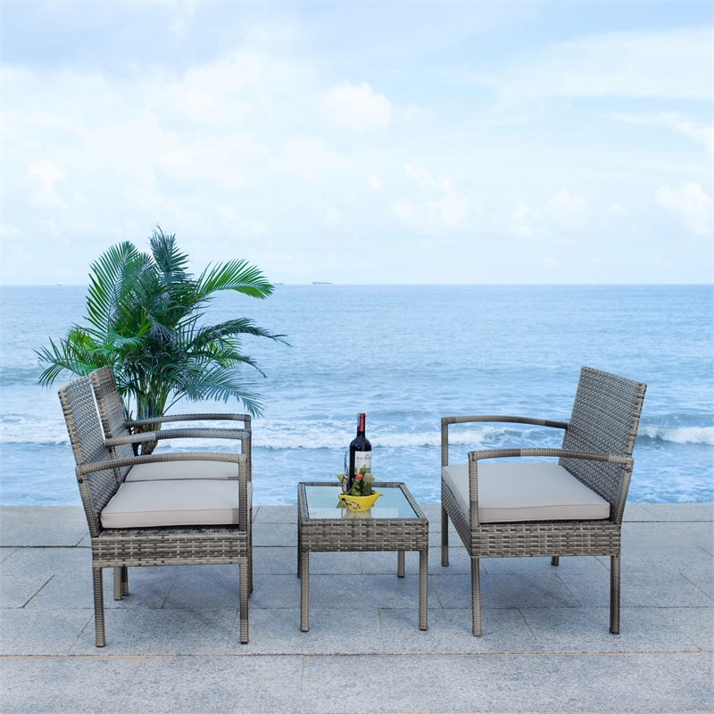 Safavieh Bassey 4-Piece Polyester Wicker/Steel Outdoor Living Set in Gray/Beige