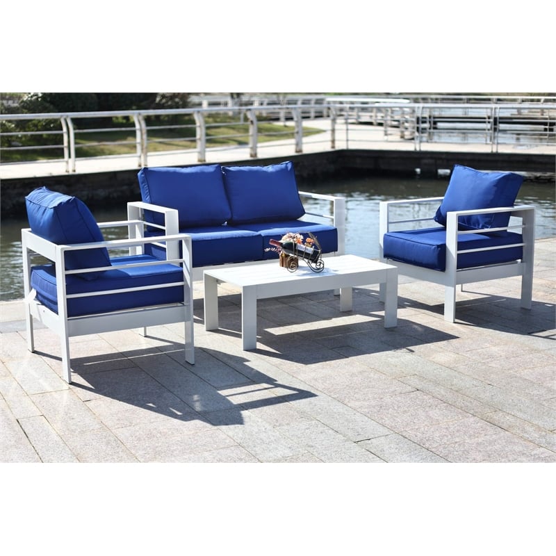 Safavieh Nason 4-Piece Metal Outdoor Living Set in White and Navy