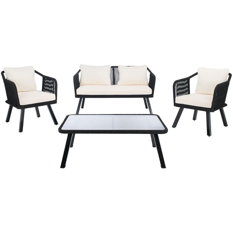 Safavieh Torsla 4-Piece Steel Metal Outdoor Living Set in Black Rope and Beige
