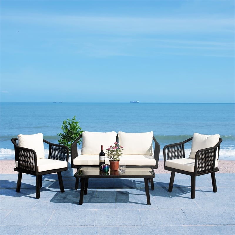 Safavieh Torsla 4-Piece Steel Metal Outdoor Living Set in Black Rope and Beige