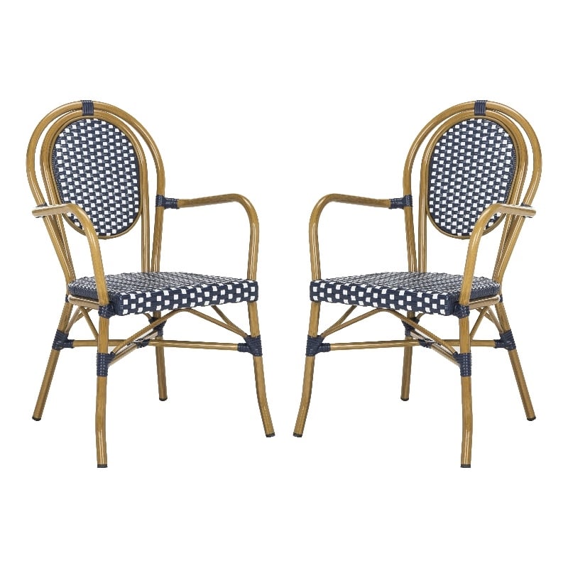 Safavieh Rosen Wicker / Rattan Outdoor Arm Chairs in Navy and White (Set of 2)