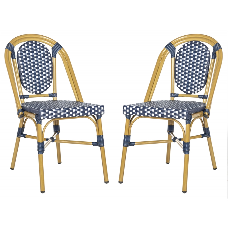 Safavieh Lenda Rattan/Metal Stackable Bistro Chairs in Navy/White (Set of 2)