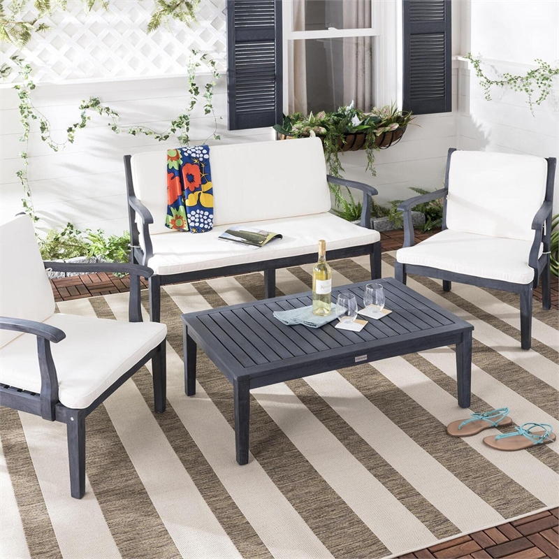 Safavieh Bradbury 4-Piece Wood/Polyester Outdoor Set in Dark Slate Gray/Beige