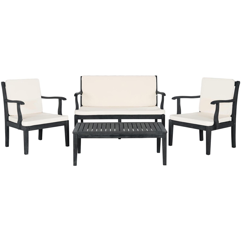 Safavieh Del Mar 4-Piece Acacia Wood/Polyester Outdoor Set in Dark Gray/Beige