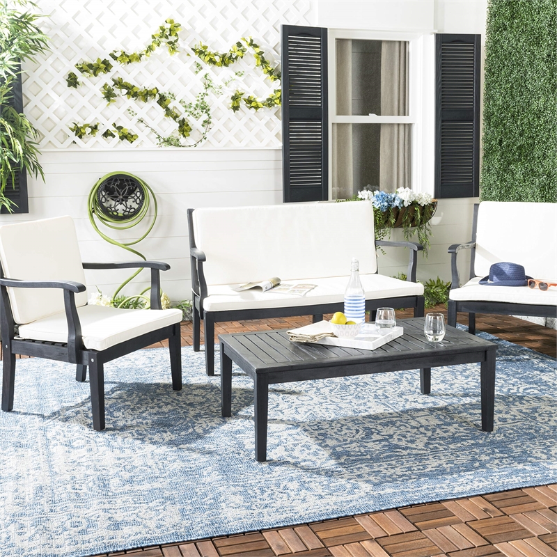 Safavieh Del Mar 4-Piece Acacia Wood/Polyester Outdoor Set in Dark Gray/Beige