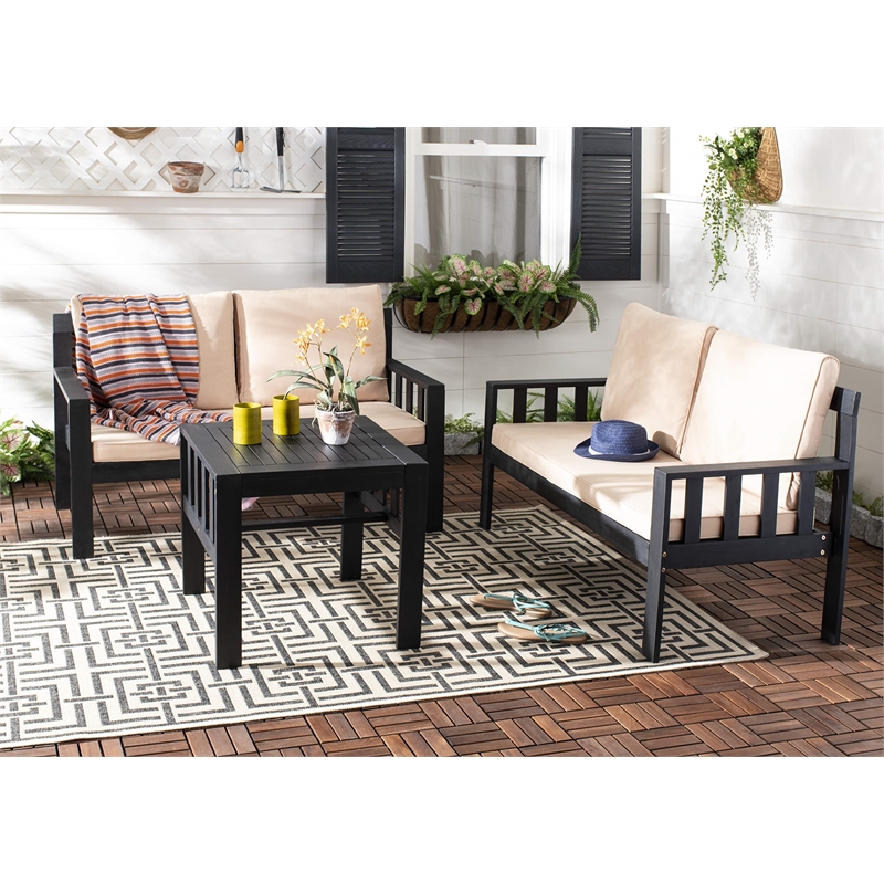 Safavieh Lardner 3-Piece Wood/Polyester Outdoor Living Set in Dark Gray/Beige