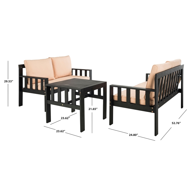 Safavieh Lardner 3-Piece Wood/Polyester Outdoor Living Set in Dark Gray/Beige