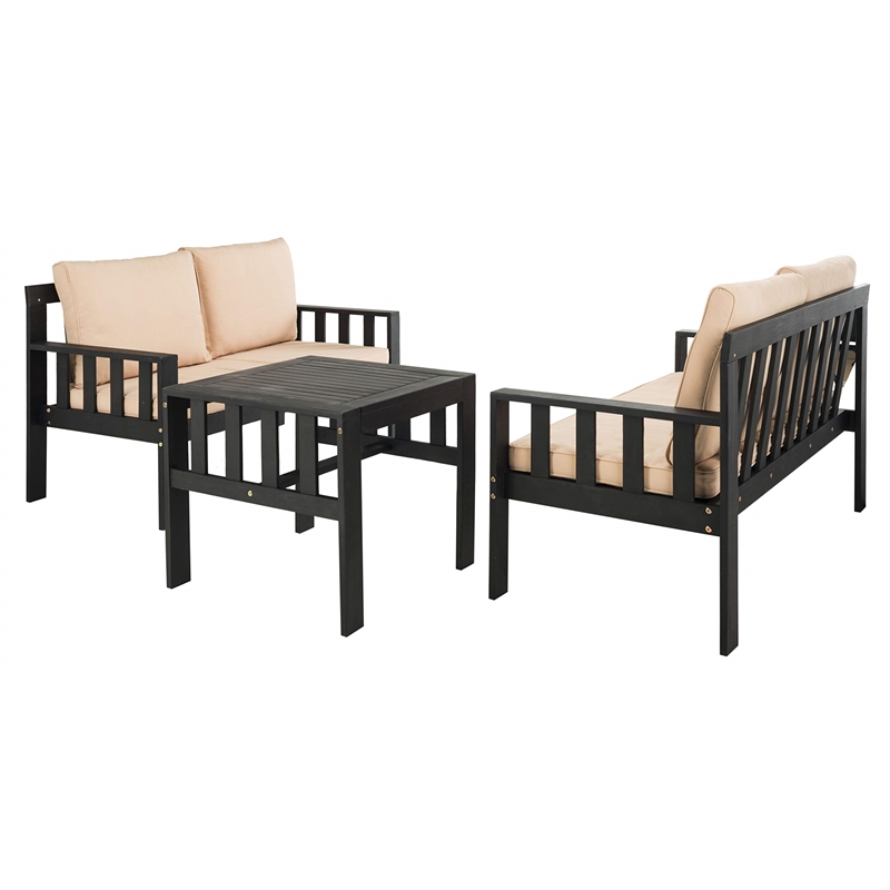 Safavieh Lardner 3-Piece Wood/Polyester Outdoor Living Set in Dark Gray/Beige