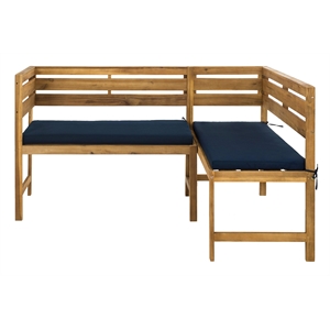 Safavieh Wilton Acacia Wood Outdoor Balcony Corner Lounge Set in Natural/Navy