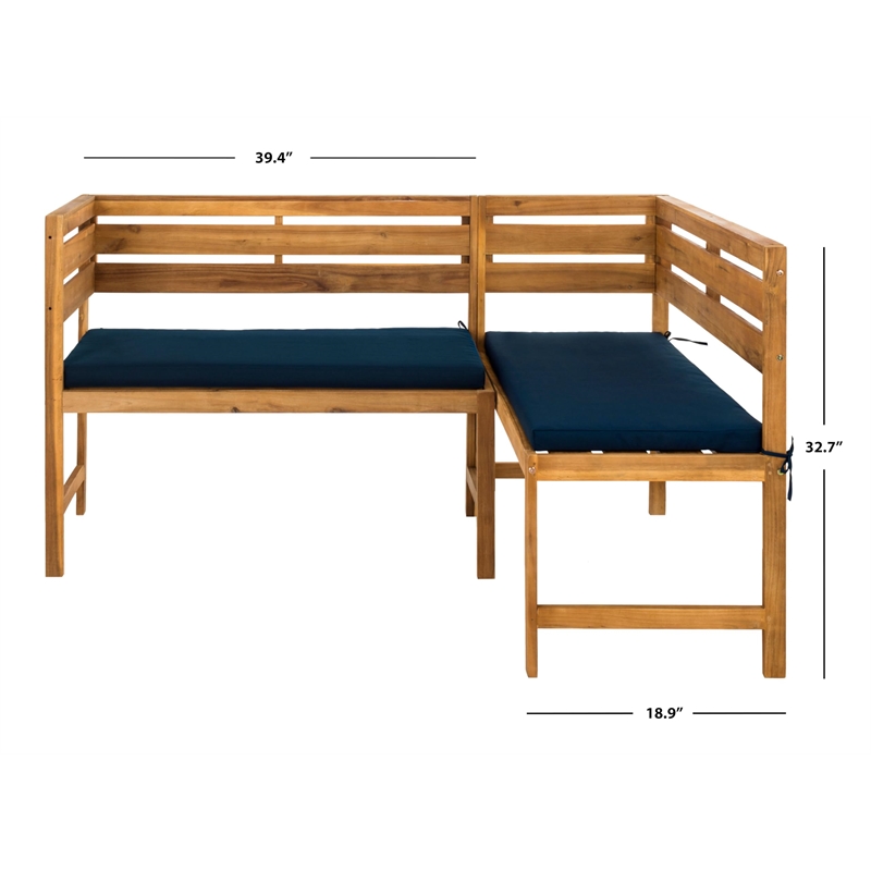 Safavieh Wilton Acacia Wood Outdoor Balcony Corner Lounge Set in Natural/Navy