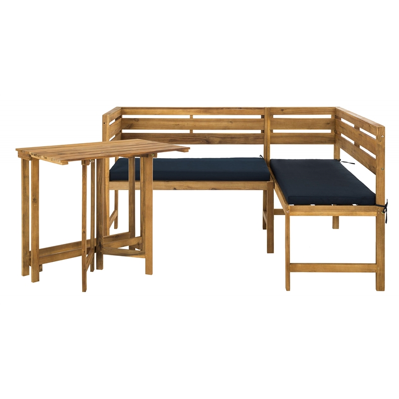 Safavieh Wilton Acacia Wood Outdoor Balcony Corner Lounge Set in Natural/Navy