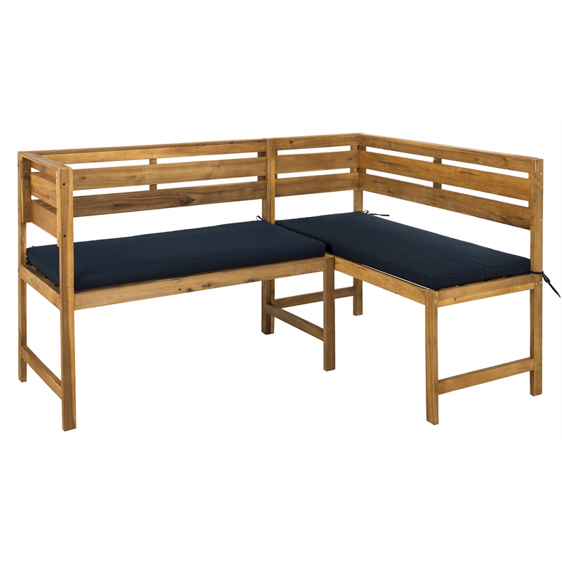 Safavieh Wilton Acacia Wood Outdoor Balcony Corner Lounge Set in Natural/Navy