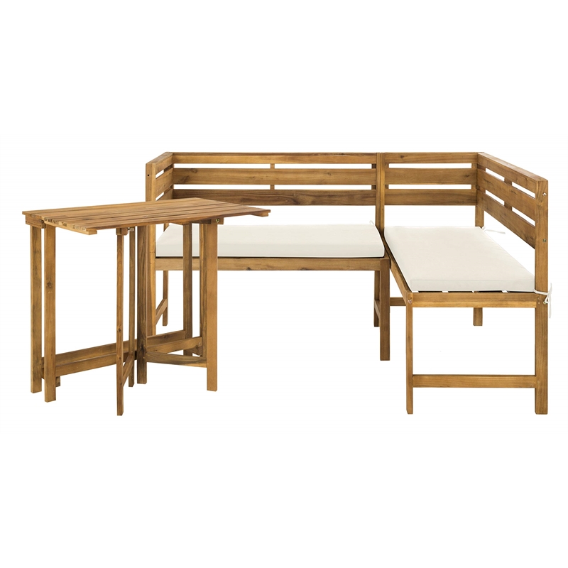 Safavieh Wilton Acacia Wood Outdoor Balcony Corner Lounge Set in Natural/Beige