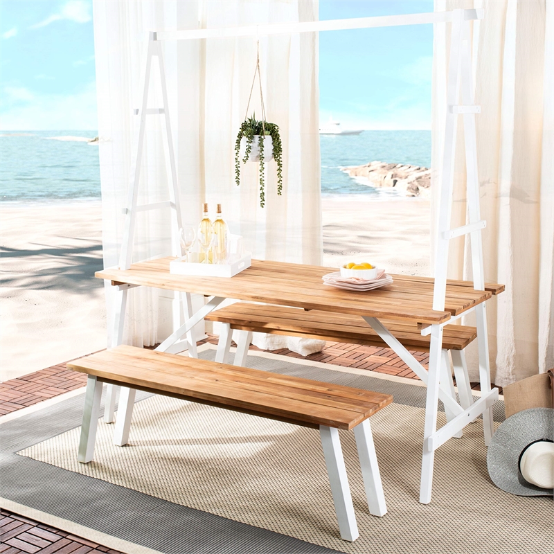 Safavieh Willamy 3-Piece Acacia Wood Outdoor Dining Set in Natural and White