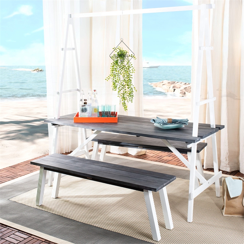 Safavieh Willamy 3-Piece Acacia Wood Outdoor Dining Set in Dark Slate Gray/White