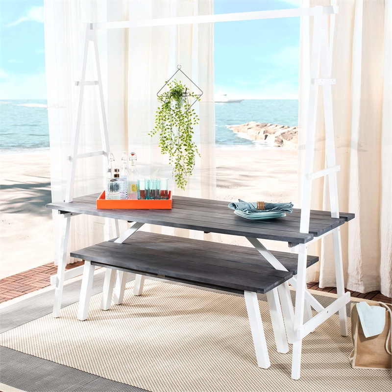 Safavieh Willamy 3-Piece Acacia Wood Outdoor Dining Set in Dark Slate Gray/White