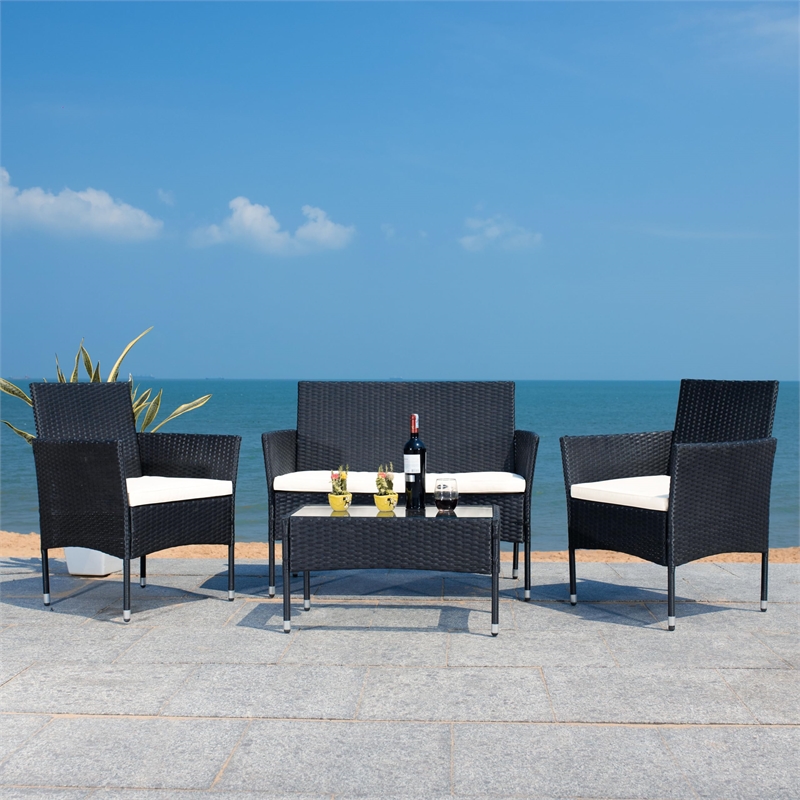 Safavieh Abdul 4-Piece Polyester Wicker/Steel Outdoor Living Set in Black/White