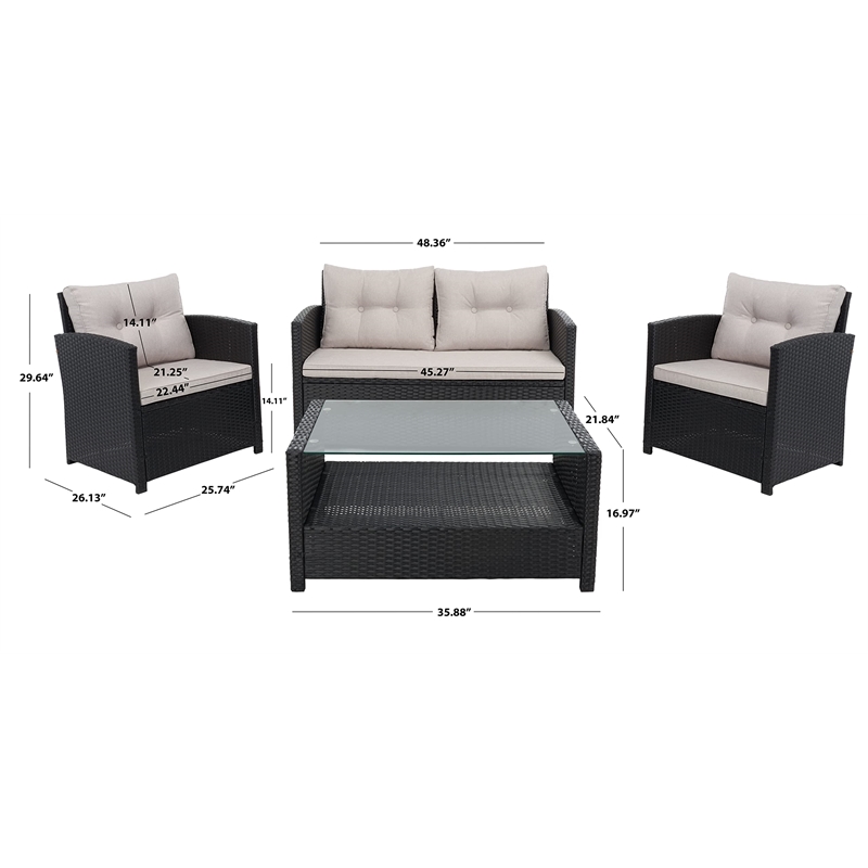 Safavieh Vellor 4-Piece Polyester Wicker/Steel Outdoor Living Set in Black/Beige