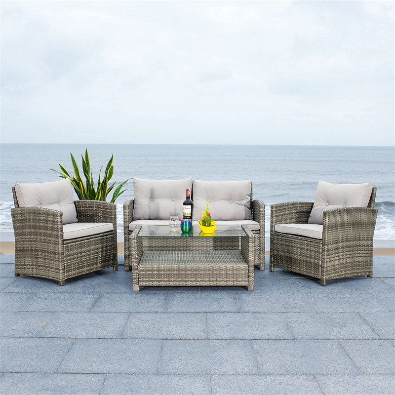 Safavieh Vellor 4-Piece Polyester Wicker/Steel Outdoor Living Set in Gray/Beige