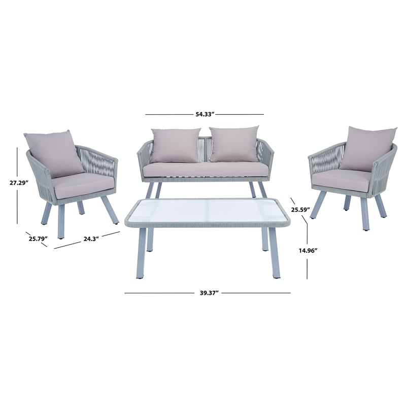 Safavieh Belmi 4-Piece Steel Metal Outdoor Living Set in Gray Rope