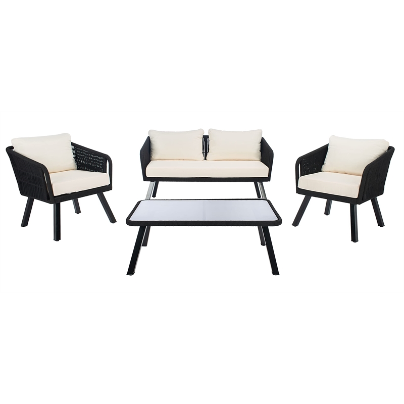 Safavieh Kerson 4-Piece Polyester Fabric/Steel Outdoor Living Set in Black/Beige