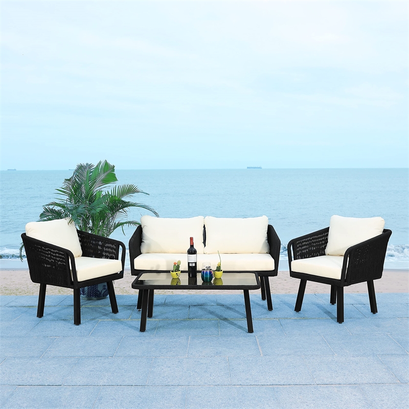 Safavieh Kerson 4-Piece Polyester Fabric/Steel Outdoor Living Set in Black/Beige