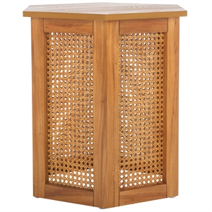 Danez Hexagon Elm Wood and Rattan/Wicker Accent Table in Natural