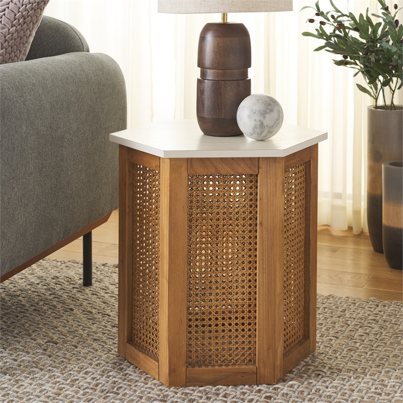 Danez Hexagon Elm Wood Accent Table in White/Natural
