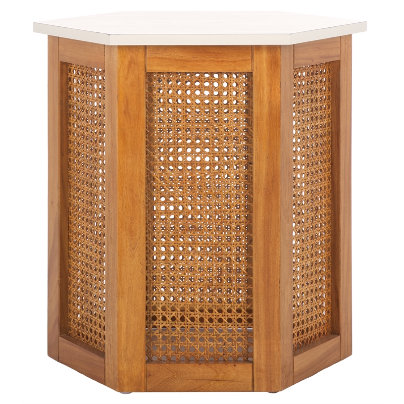 Danez Hexagon Elm Wood Accent Table in White/Natural