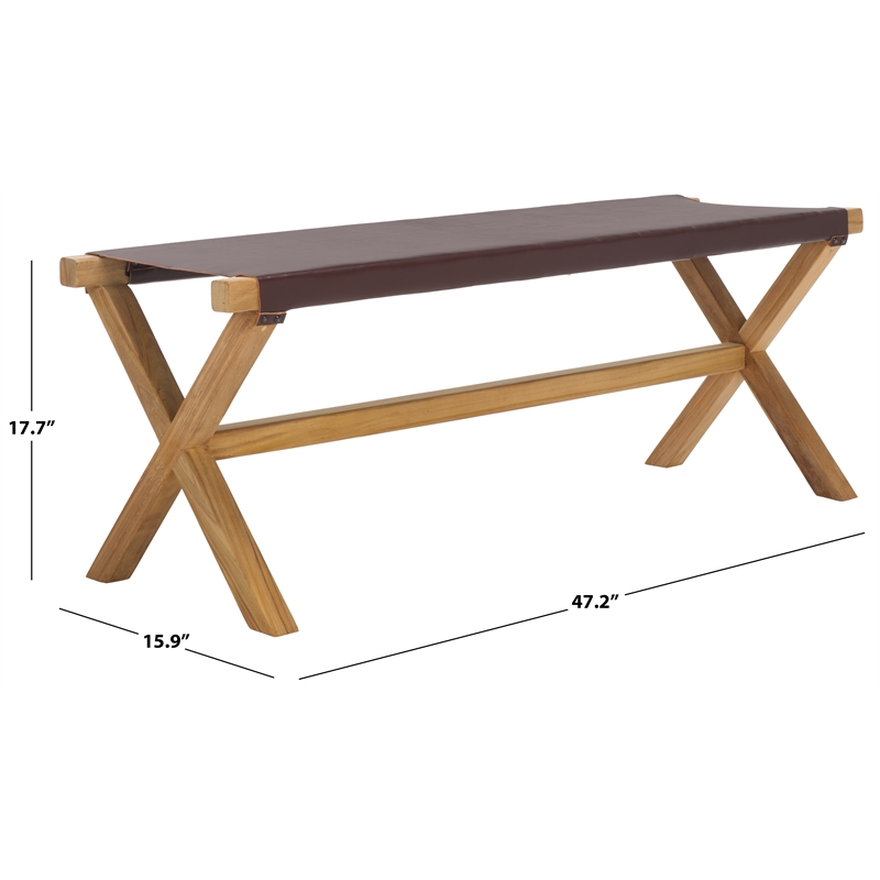 Safavieh Elron Teak and Leather Bench  in Brown / Natural