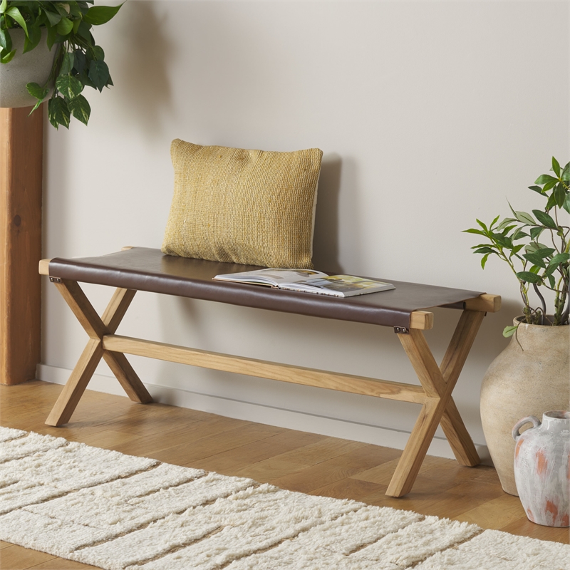 Safavieh Elron Teak and Leather Bench  in Brown / Natural