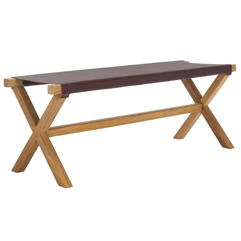 Safavieh Elron Teak and Leather Bench  in Brown / Natural