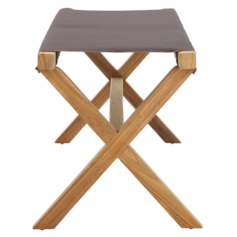 Safavieh Elron Teak and Leather Bench  in Brown / Natural