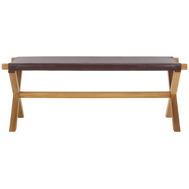 Safavieh Elron Teak and Leather Bench  in Brown / Natural