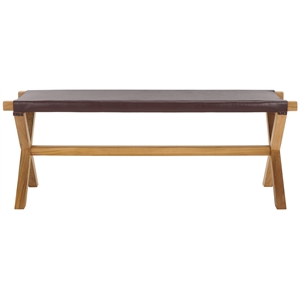 Safavieh Elron Teak and Leather Bench  in Brown / Natural