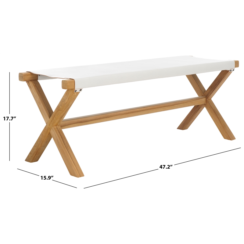 Safavieh Elron Teak and Leather Bench in White / Natural
